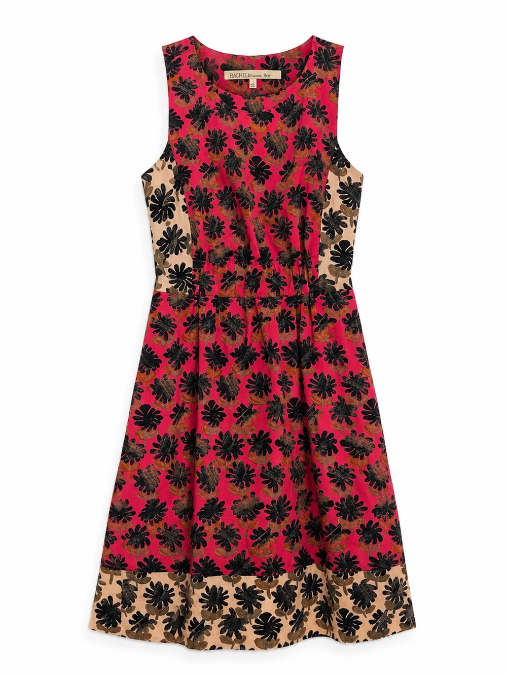 RACHEL Rachel Roy Red Floral Print Dress with Black and Olive Accents